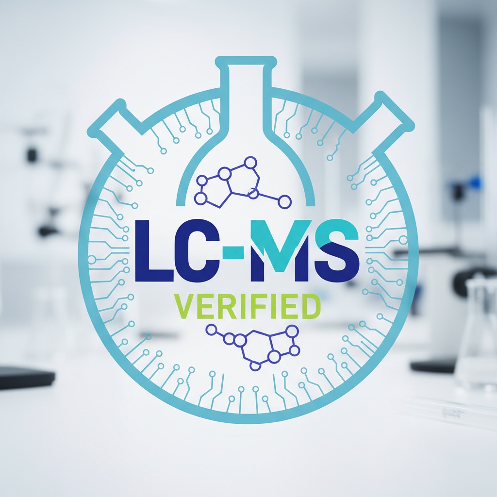 An LC-MS Verified badge with a circular chemical circuit design in a blurred laboratory setting.