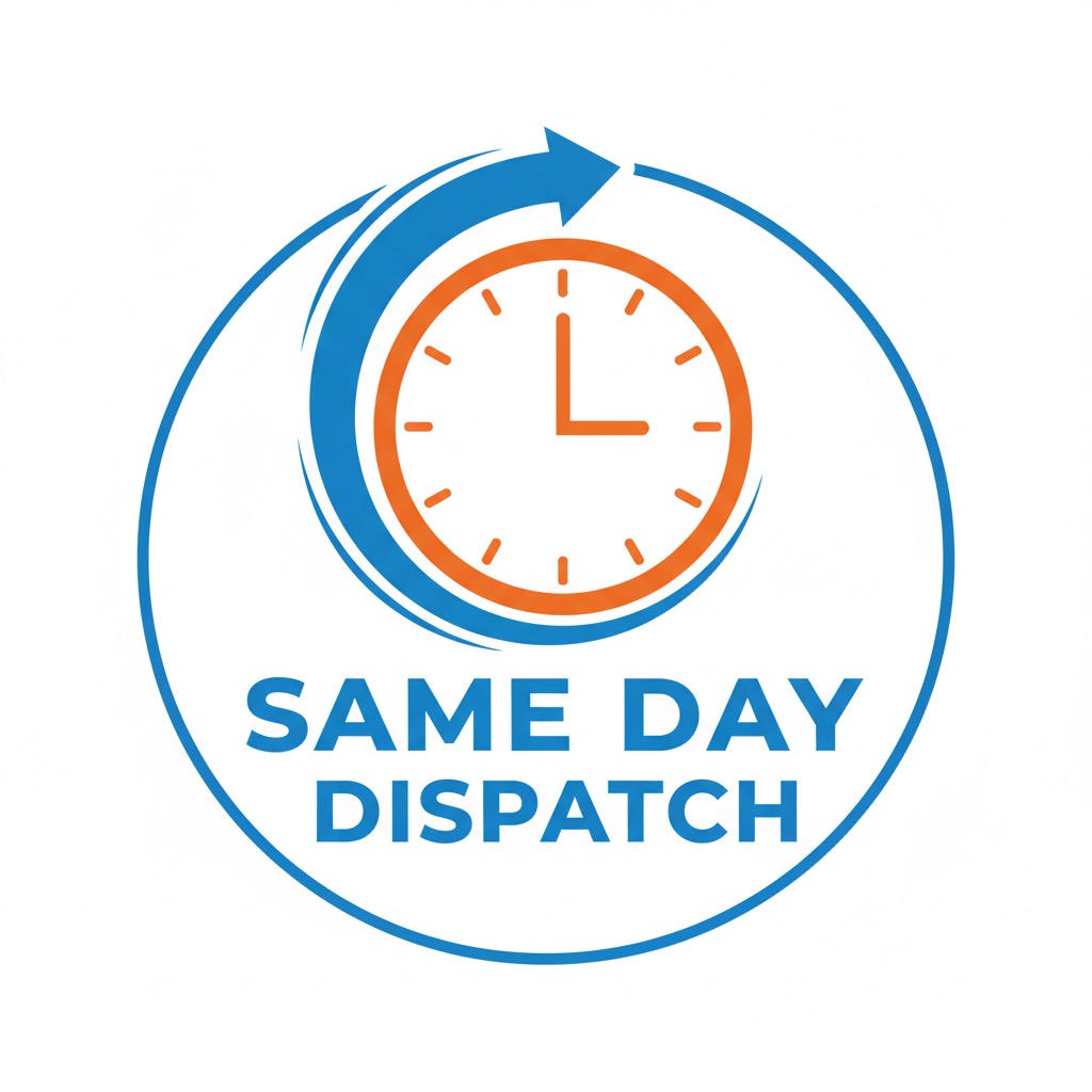 A circular blue logo with an orange clock and an upward-pointing blue arrow surrounds the text "SAME DAY DISPATCH".