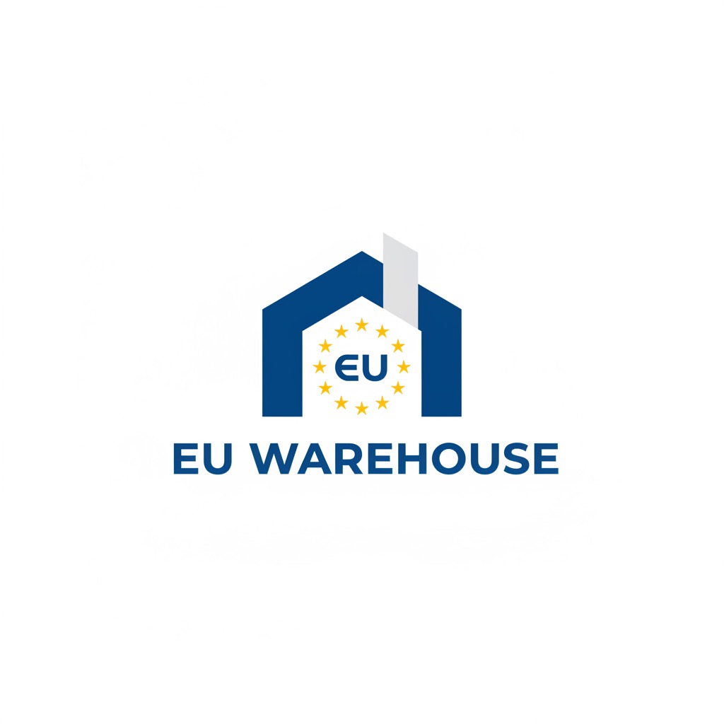 The EU Warehouse logo features a blue warehouse outline with a white chimney and a circle of yellow stars surrounding the blue letters "EU," above the text "EU WAREHOUSE".